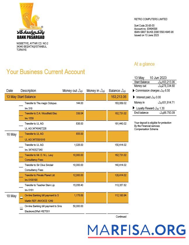 Blank Bank Pasargad business statement Word and PDF template